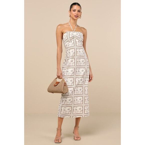 Lulus Dresses & Skirts - Lulu’s | Asiya Beige Stamp Print Halter Midi Dress